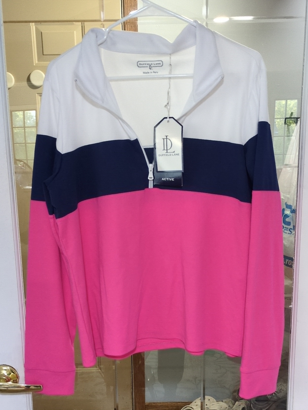 Duffield Lane White Navy Pink Colorblock Half-Zip Pullover